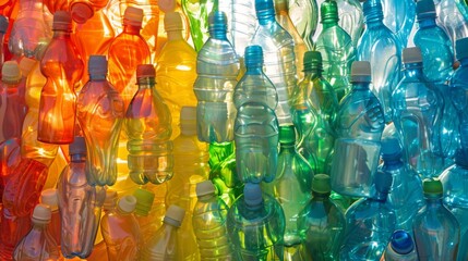 A vibrant array of plastic water bottles glistening under the sun, a symbol of hydration and sustainability.