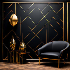 Opulent black and gold geometric backdrop with a metallic sheen, boasting a contemporary flair. Ideal for sophisticated design 