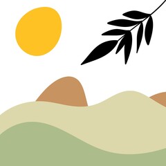 Boho abstract leaves twig foliage background mountain orange sun wall illustration
