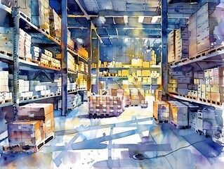 Watercolor depiction of effective inventory management, organized warehouse with labeled bins and digital tablets