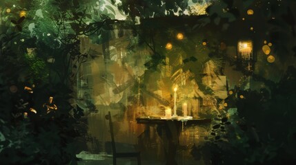 Shadows and highlights played across the canvas as the artists skillfully captured the essence of the candlelit garden studio in their paintings. 2d flat cartoon.
