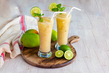 selective focus of raw mango drink recipe 