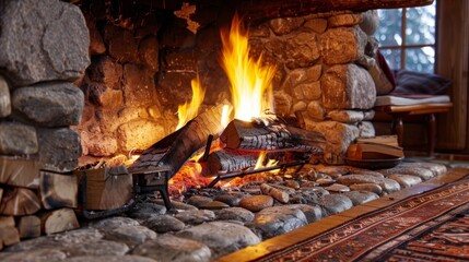 Fototapeta premium A crackling fire dances in the rustic fireplace bringing a sense of charm and relaxation to the countrystyle living room. 2d flat cartoon.