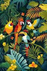 Colorful Parrots in Lush Tropical Foliage Illustration 