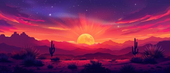 Digital artwork of a desert sunset with towering cacti and rugged mountains under a vivid retro-style gradient sky.