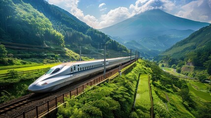 A bullet train moves swiftly along the tracks with iconic Mount Fuji in the backdrop amid the colorful autumn foliage.
