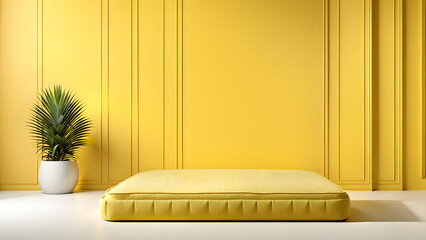 A yellow room with a bed and a plant