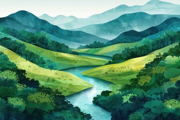 Artistic illustration featuring a stylized river winding through rolling green hills under soft, layered mountain silhouettes. - obrazy, fototapety, plakaty