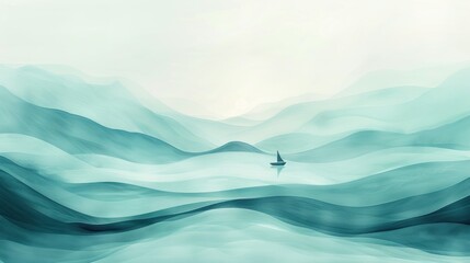 A minimalist illustration depicts a lone sailboat on undulating waves, evoking a sense of calm and simplicity. - obrazy, fototapety, plakaty