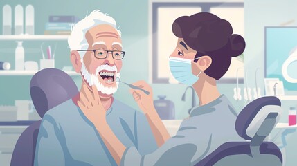 Senior Dental CareIllustrate an elderly person receiving specialized dental care tailored to their needs, such as denture fittings, gum disease treatment, or oral cancer screenings, highlighting the i - obrazy, fototapety, plakaty