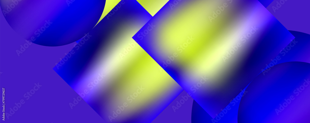 Poster An abstract art piece featuring a vibrant blue and yellow background with squares and circles. The colorfulness and symmetry create a dynamic pattern that is reminiscent of an electrifying event