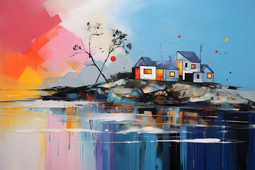 Brilliant Coastal Retreat, abstract landscape art, painting background, wallpaper, generative ai