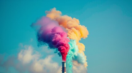 Brightly colored smoke plumes rising from a smokestack against a clear blue sky, highlighting environmental concerns. - obrazy, fototapety, plakaty