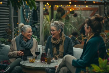 Group of senior women sitting in a cafe, talking and drinking wine