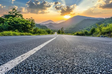 Asphalt road and mountain with sky clouds background at sunset - generative ai - obrazy, fototapety, plakaty