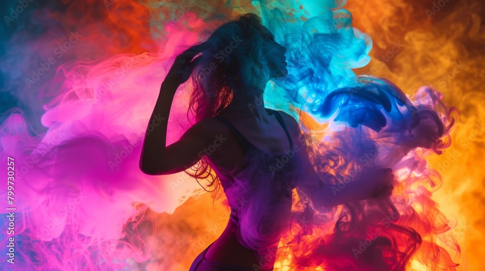 Poster brightly colored smoke swirling around a dancer during a performance, enhancing the visual impact of