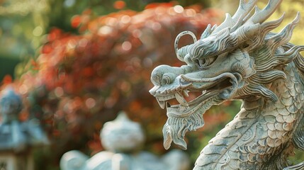 A majestic ceramic dragon statue stands tall guarding over the garden and adding a unique touch to the space..