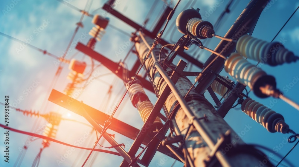 Poster close-up of cables and wires on a power line tower, illustrating the intricate network that delivers