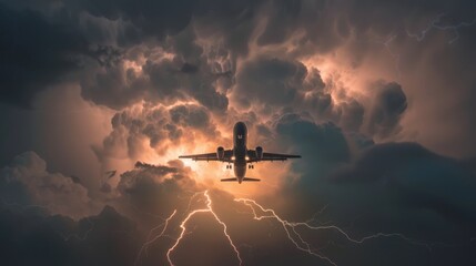 A commercial jet flies in the cloudy sky and there are lightning strikes.
