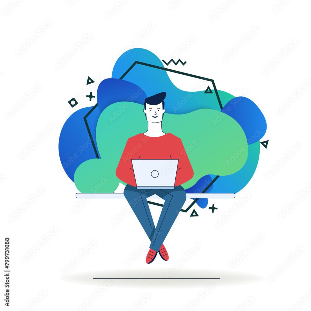 Aufkleber cartoon man using laptop. student or freelancer working with computer in public place flat vector il