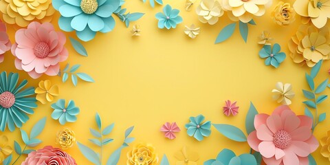 HD, 16k, empty space in center area, beautiful retro modern trendy Paper cut flowers bold and big 3D, minimalis element, yellow background aspect ratio 2:1
