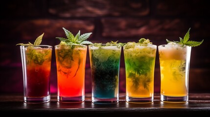 Assorted cannabis-infused beverages, offering diverse flavors for consumption and enjoyment, catering to a wide range of preferences and tastes.
