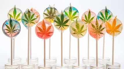 Cannabis-infused lollipops arranged neatly on a stand, presenting a colorful and enticing display, ready for enjoyment or gifting.
