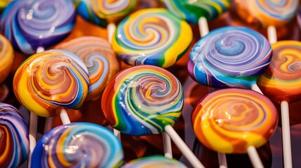 Cannabis-infused lollipops arranged neatly on a stand, presenting a colorful and enticing display, ready for enjoyment or gifting.
