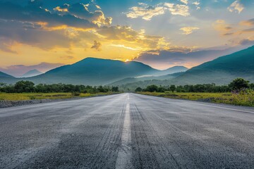 Asphalt road and mountain with sky clouds background at sunset - generative ai