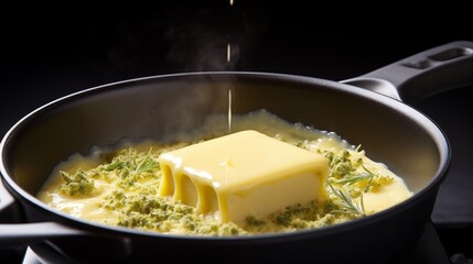Cannabis butter melting on a hot skillet, ready to infuse dishes with its potent flavor and therapeutic properties for culinary creations.
