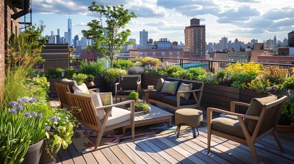 Roof Garden OasisConclude with a rooftop garden oasis, with lush greenery, colorful flowers, and comfortable seating transforming the house roof into a serene retreat high above the bustling city stre