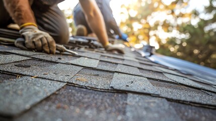 Roof RepairDetail a closeup of roofers at work, repairing damaged shingles or replacing wornout sections of a house roof, with tools and materials scattered around as they meticulously restore the roo