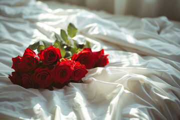 A romantic scene unfolds with a bouquet of large red roses adorning a bed draped in white sheets