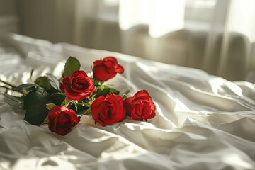 A romantic scene unfolds with a bouquet of large red roses adorning a bed draped in white sheets, AI art