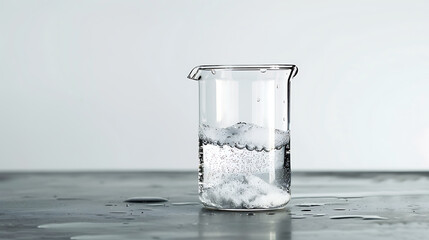 A beaker of water of a fine white powder laying flat at the bottom of water on top, amount of powder - obrazy, fototapety, plakaty