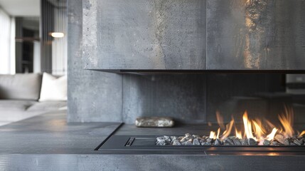 Fototapeta premium The industrial loft apartment features a modern fireplace made of raw metal and concrete serving as a bold statement piece. 2d flat cartoon.