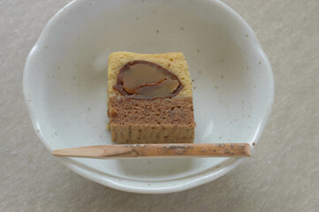 Kuri no Ukishima is a steamed sponge like Japanese sweet made with candied chestnut, bean paste and...