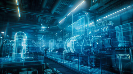 Futuristic holographic blueprints showcasing industrial marvels