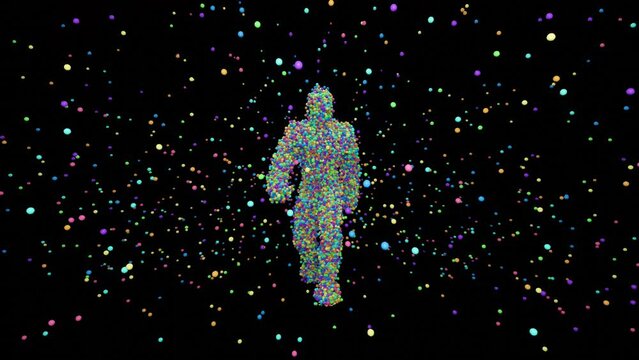 Walking festive man from whom colorful balls fly away. Celebrate animations for great mood and style projects, templates, banners, posters. 4k loopable footage. 3d render, modern design stock video.