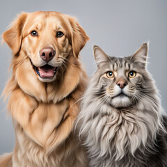 Happy panting Golden retriever dog and blue Maine Coon cat looking at camera, Isolated on grey