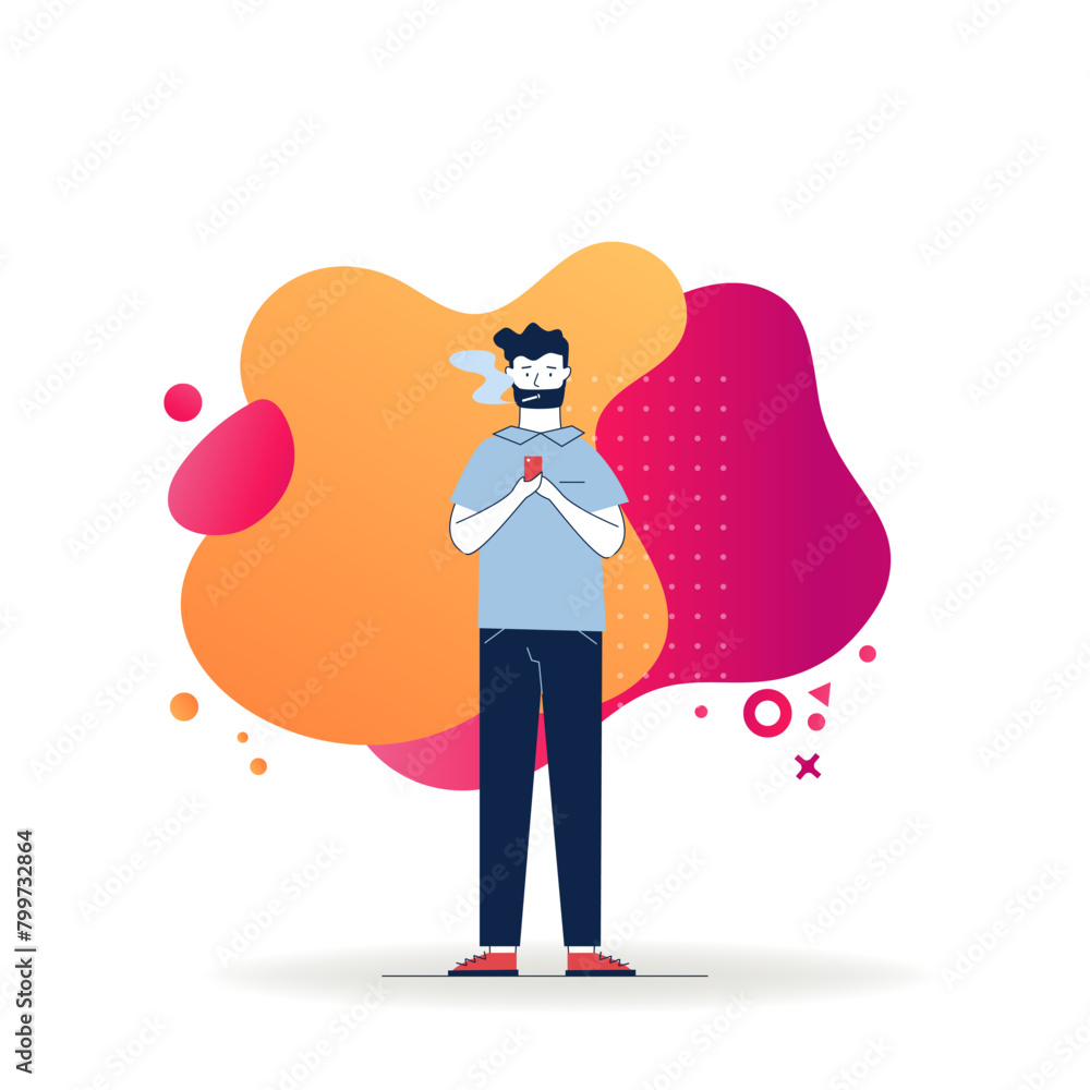 Poster guy smoking and using smartphone. man with cigarette texting message flat vector illustration. smoki