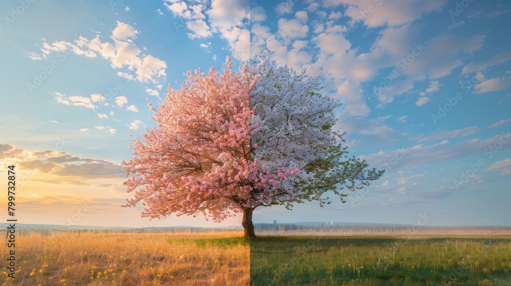 Poster a time-lapse style image showing the transition of a cherry blossom tree from dawn to dusk, ai gener
