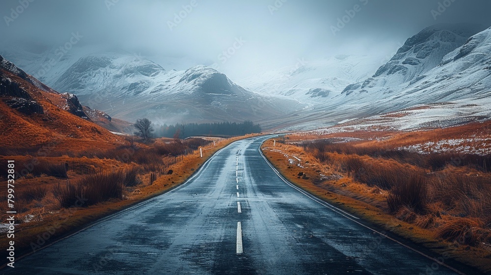 Wall mural a solitary road stretches into the heart of glencoe, ai generative