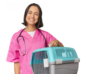 Young Caucasian female vet holding cage happy, smiling and cheerful.