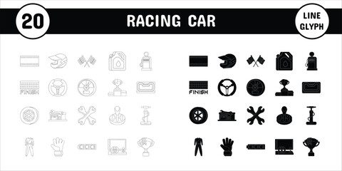 Racing Car Line Glyph Vector Illustration Icon Sticker Set Design Materials