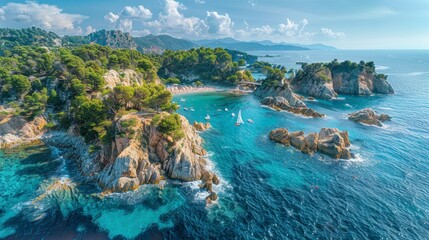 Aerial Costa Brava, rugged beaches and azure waves, rocky shores caressed by surf, vibrant, wide banner, AI Generative
