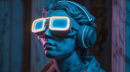 Antique bust of Hercules with goggles and headphones, neon illuminated on black, cyberpunk style, wide angle, highly detailed, AI Generative