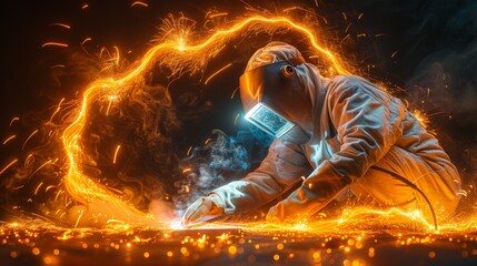 Arc welding action, skilled worker, vibrant sparks contrast, intense focus, protective clothing, elegant skill demonstration, AI Generative