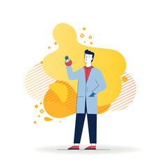 Lab assistant holding chemical flask. Man wearing white coat, scientist, chemist flat vector illustration. Medicine, laboratory, test concept for banner, website design or landing web page
