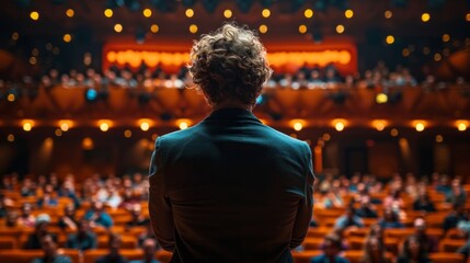 Obraz premium back view of speaker facing audience, debate vibrancy, intense focus on public speaking, AI Generative